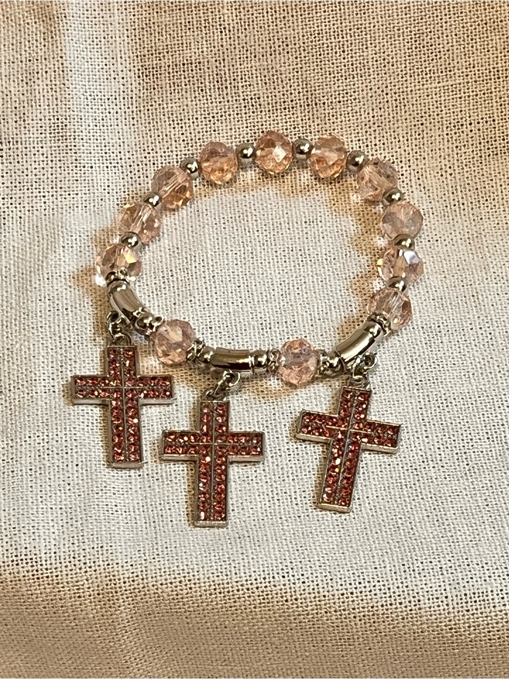 Pink Crystal Cross Charm Stretch Bracelet - Unbranded